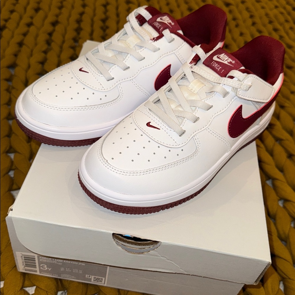 Nike Kids White/ Burgundy Air Force Ones - Picture 2 of 9